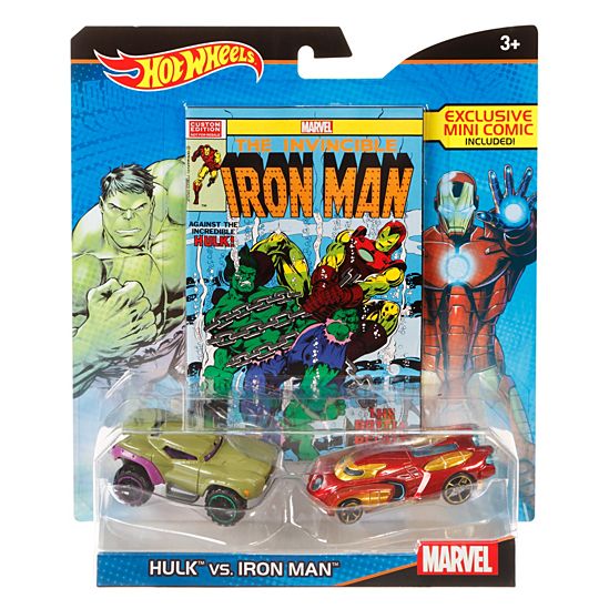 Hot Wheels Marvel Hulk vs. Iron Man Character Car 2-Pack with Mini Comic MARVEL